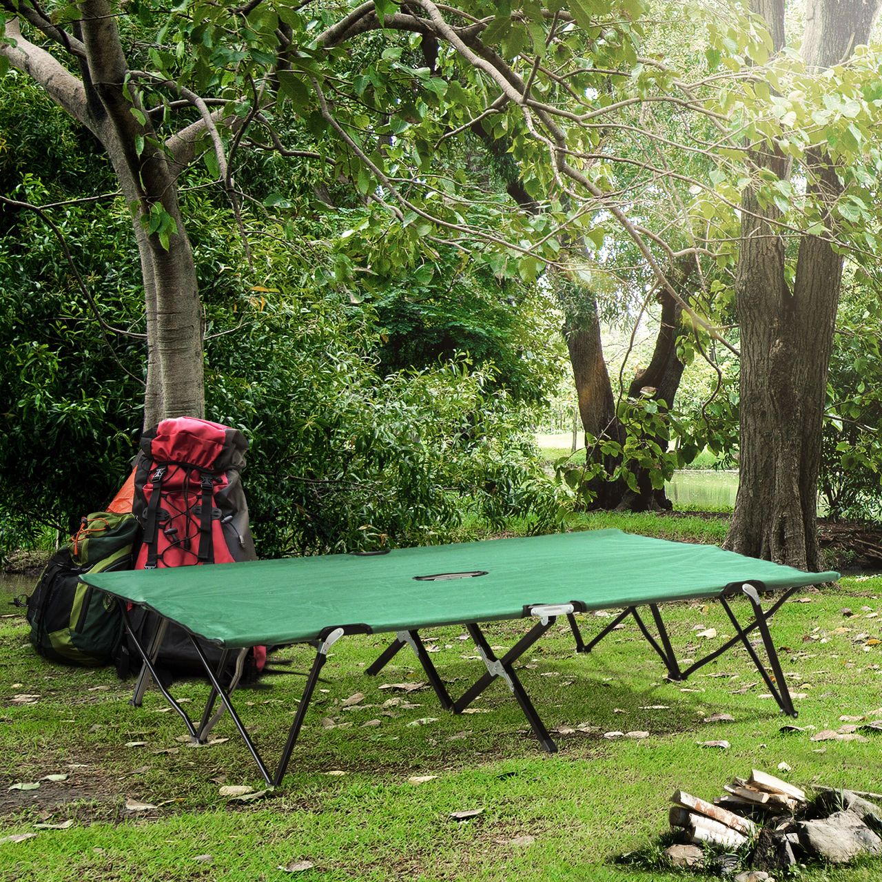 Outsunny Campingbett Klappbar für 2 Personen Feldbett Klappbett mit Tragetasche bis 136 kg belastbar Stahl Oxford Grün Schwarz 193 x 125 x 40 cm