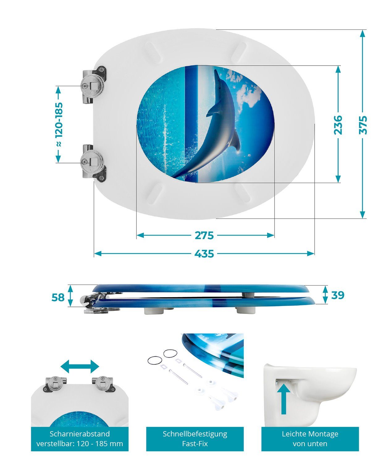 Calmwaters WC-Sitz Motiv Delfine & Fische , Motiv Delfin, Holzkern, Absenkautomatik, Montage von unten, 26LP2835