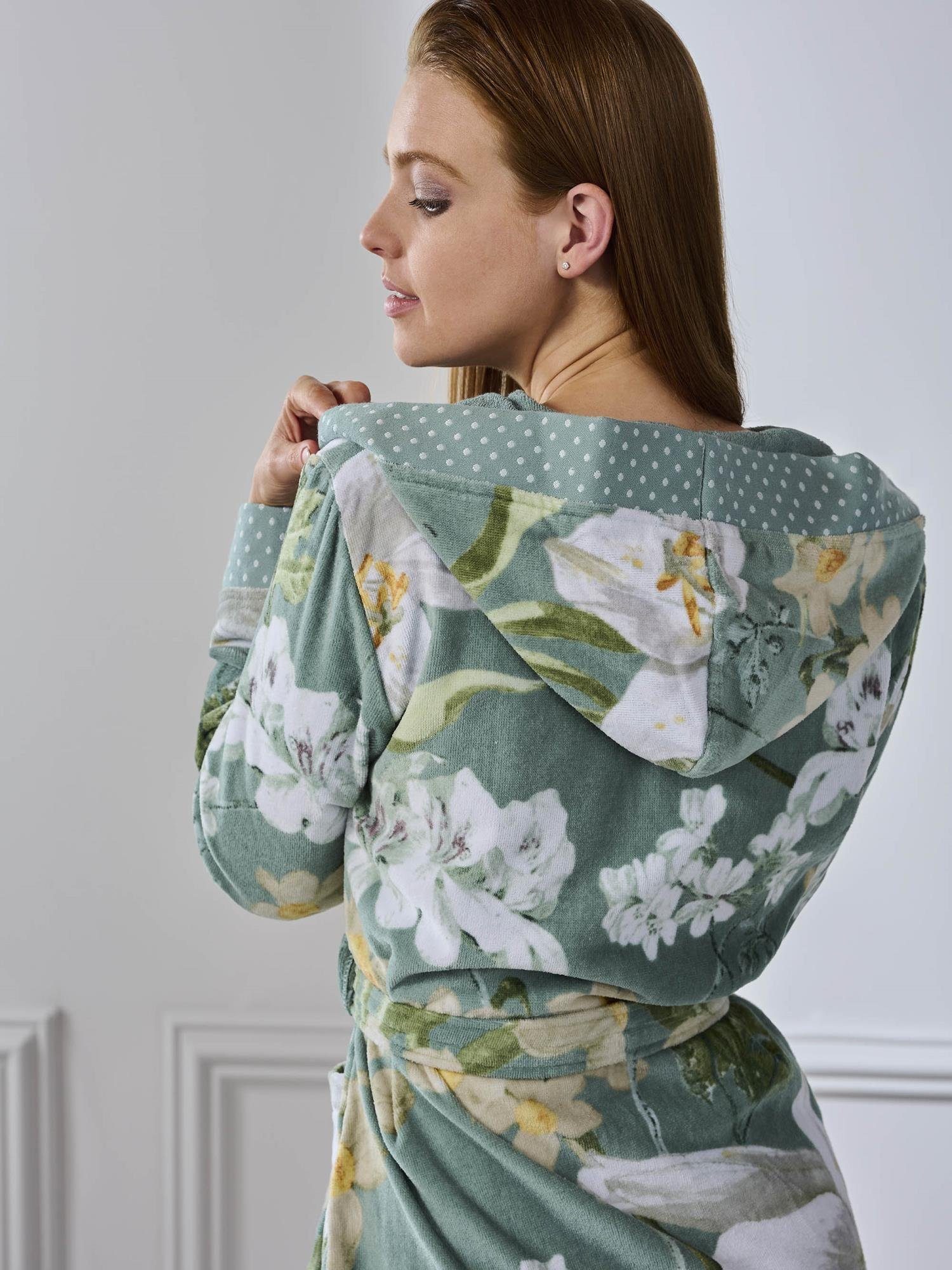 Essenza Damenbademantel Perri Rosalee, Langform, Baumwolle, Kapuze, Gürtel, mit Blumenprint