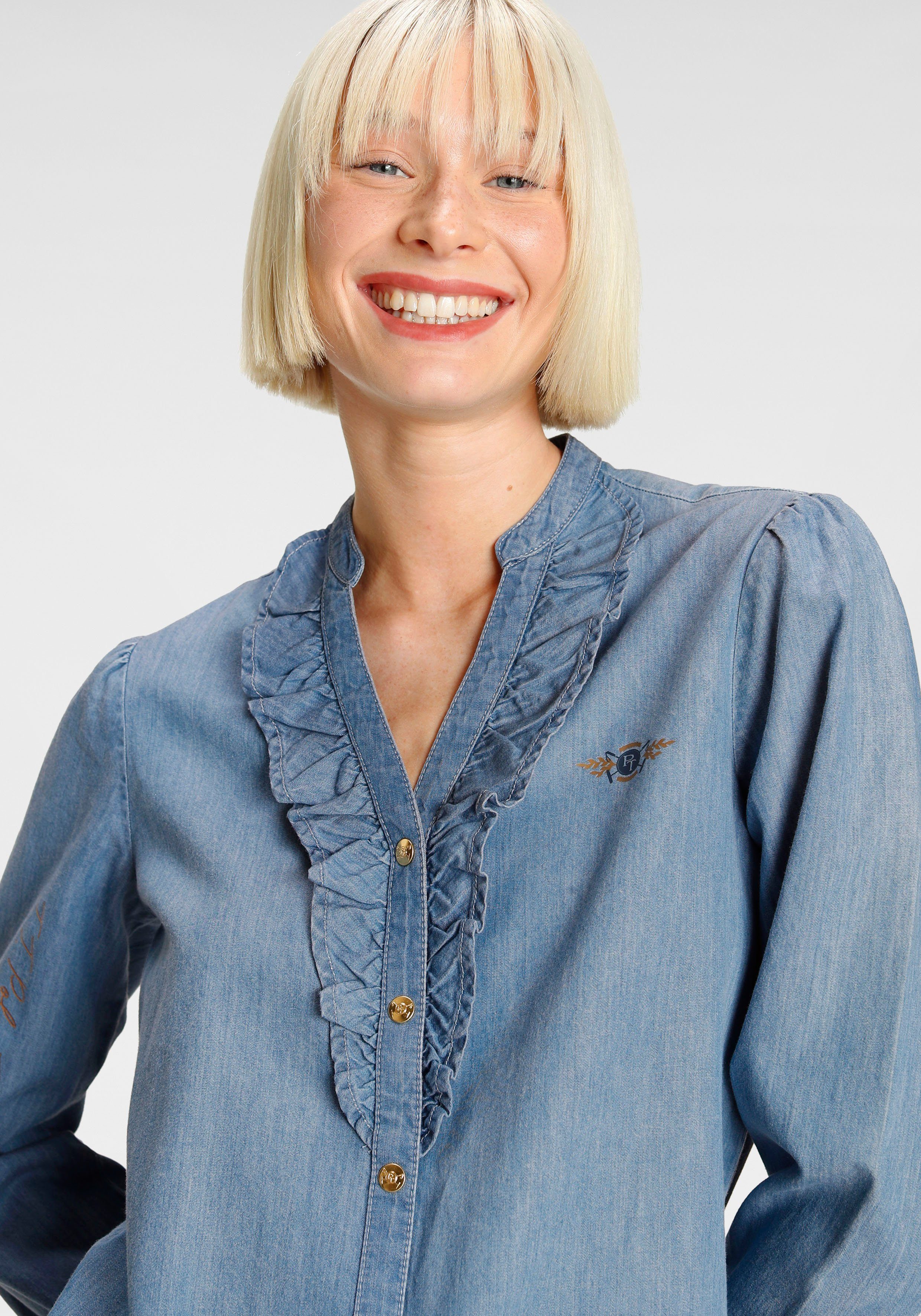 TOM TAILOR Polo Team Jeansbluse mit Rüschen an der Knopfleiste