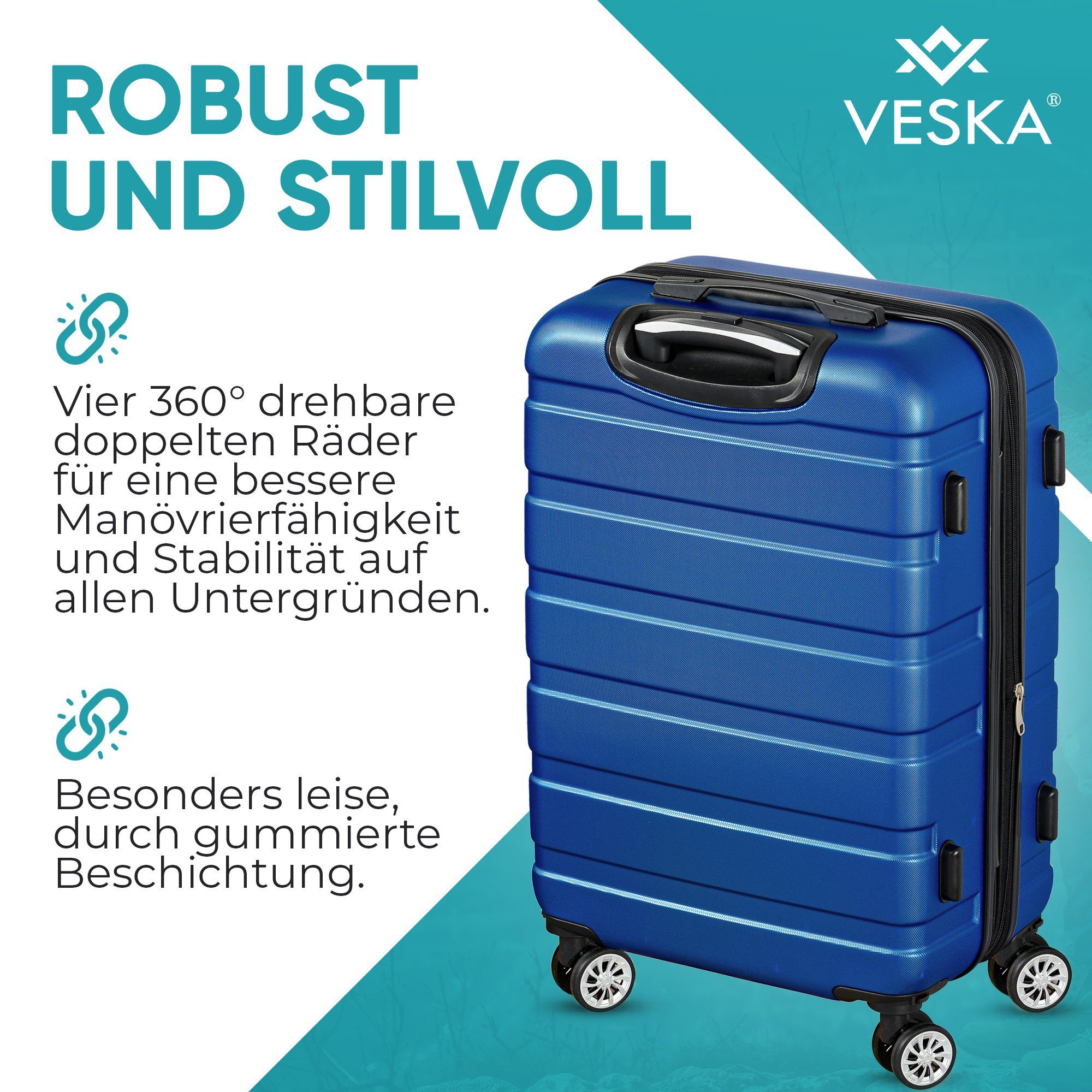 VESKA Trolleyset Hartschalenkoffer Kofferset 3 teilig mit TSA Zahlenschloss 4 Rollen, ABS-Hartschale, Reisekoffer Trolley Rollkoffer Koffer