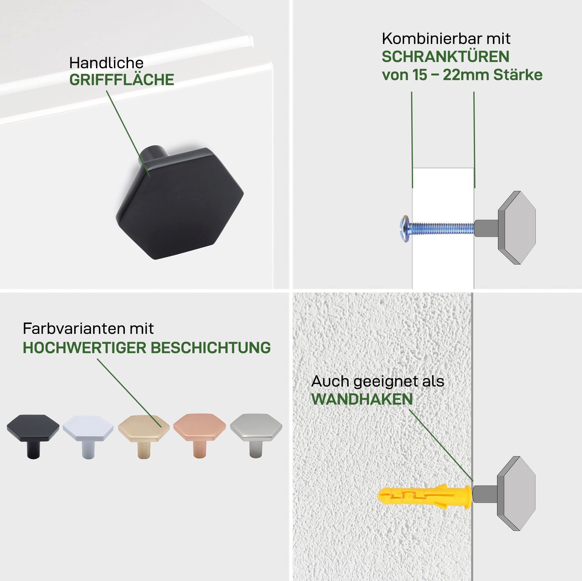 Natural Goods Berlin Möbelgriff HEXAGON (1-St), Möbelknopf, Schrankgriff, Knauf für Schublade und Tür, Weiß