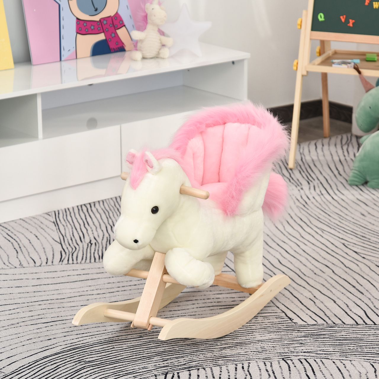 HOMCOM Kinder Schaukelpferd Baby Schaukeltier Pferd mit Tiergeräusche Spielzeug Haltegriffe für 18-36 Monate Plüsch Weiß Rosa 70 x 28 x 57 cm