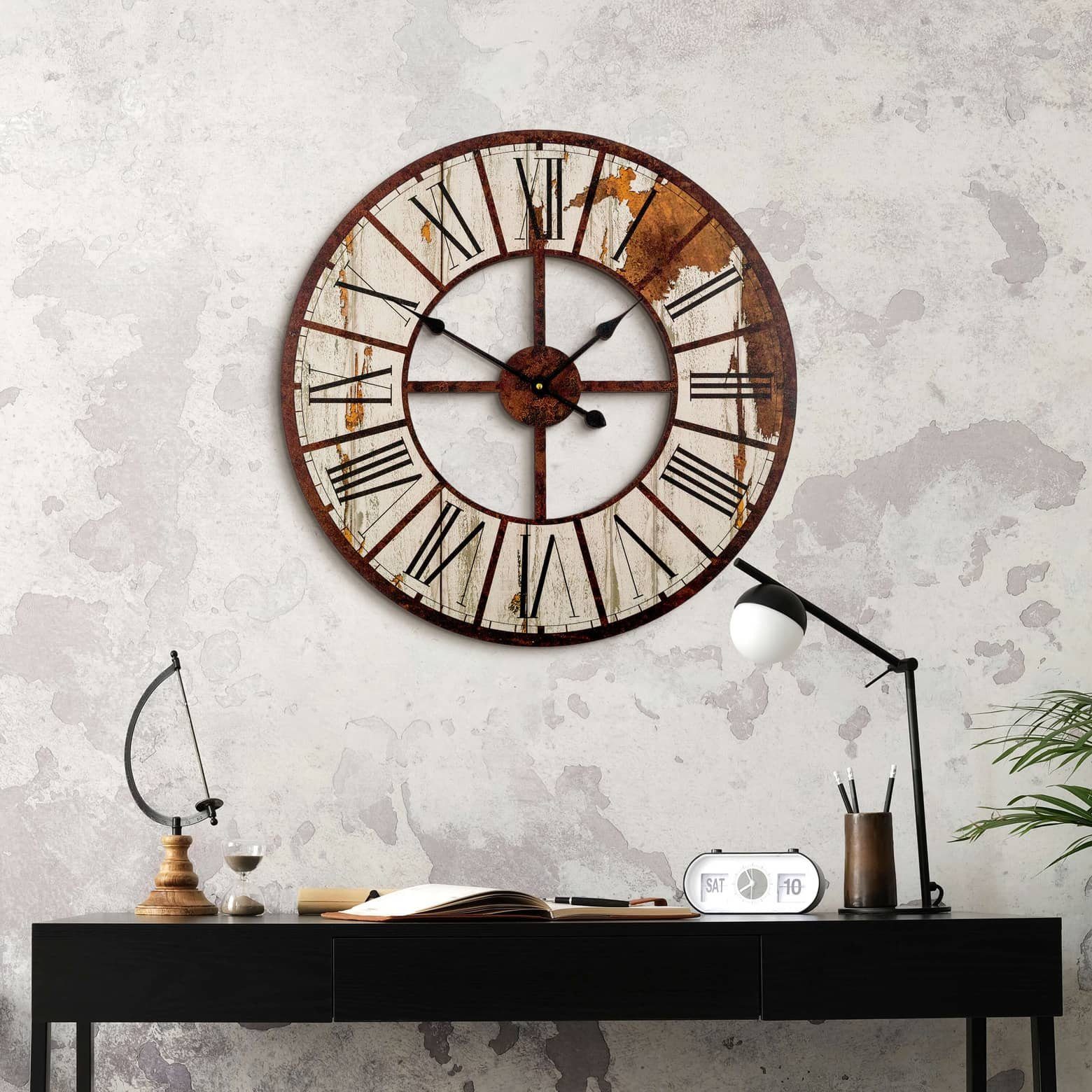 K&L Wall Art Wanduhr Große Vintage Uhr Edelrost Optik HDF Wanduhr Landhaus Stil Shabby Chic (lautlos ohne Ticken, neues Quarz Uhrwerk)