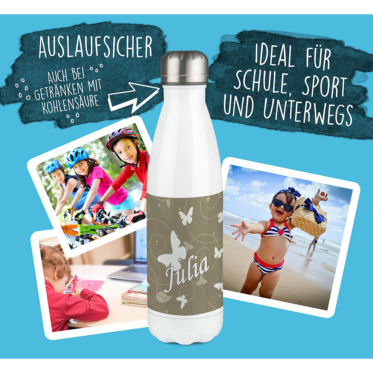 Edelstahl Kinder Thermoflasche / Trinkflasche bunt Schmetterling Ornamente Farbe cappuchino Spülmaschinenfest, Auslaufsicher, Bruchfest, Doppelwandig, Für Heißgetränke geeignet, Mit Deckel, Isolie