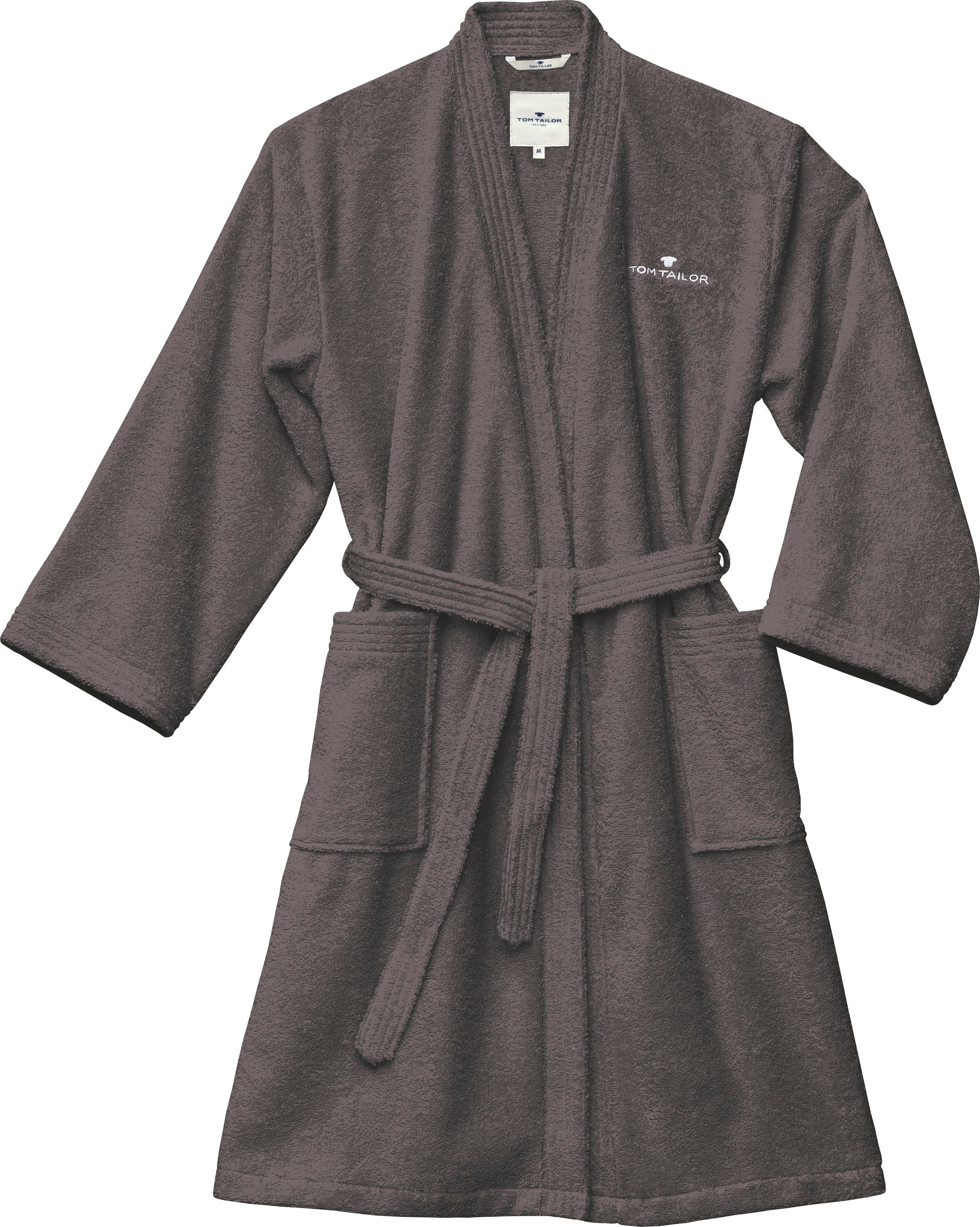 TOM TAILOR HOME Unisex-Bademantel Kimono, Langform, Wirkfrottier, Kimono-Kragen, Gürtel, für Damen & Herren, mit Logostickerei