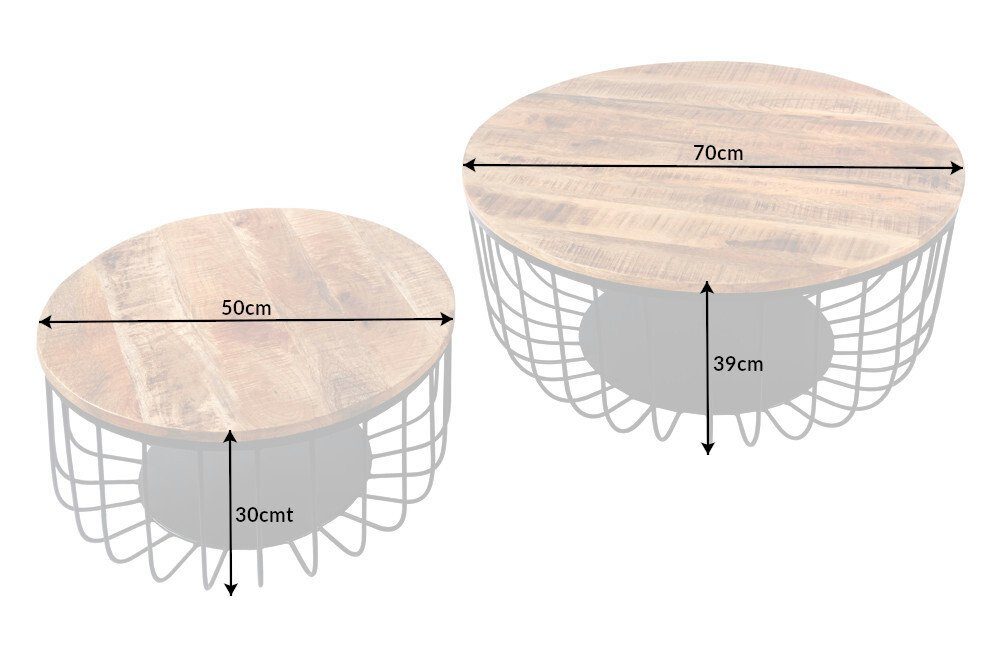 riess-ambiente Couchtisch STORAGE Ø70cm natur / schwarz (Set, 2-St), Massivholz · Metall · rund · Mango · Wohnzimmer · Industrial