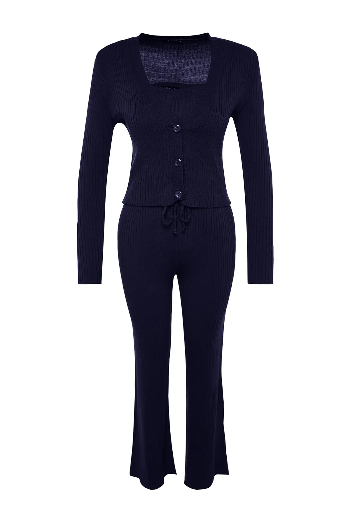 Trendyol Collection  Marineblaues, tailliertes Blusen-, Cardigan- und Hosen-Set aus Strickoberteil und -unterteil TWOAW22AU0006