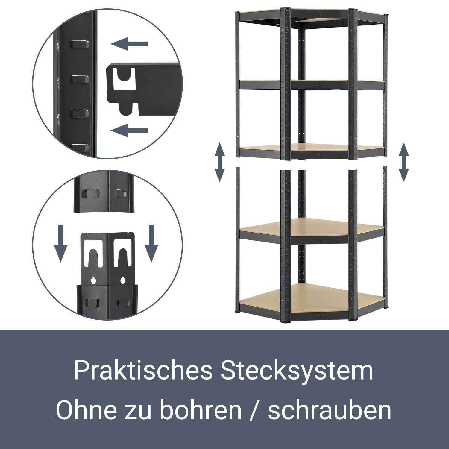 Juskys Eckregal Corner Basic, 5 Böden aus MDF-Holz, 175kg Traglast je Boden, Abstände frei wählbar