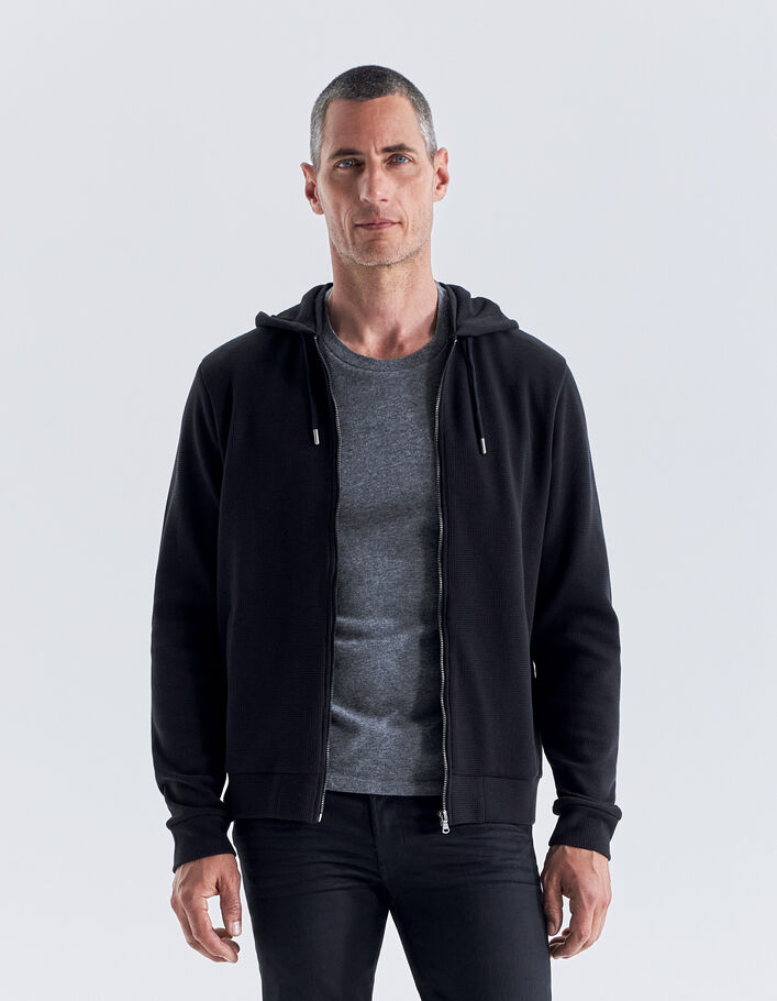 Cardigan noir nid d'abeille à capuche Homme