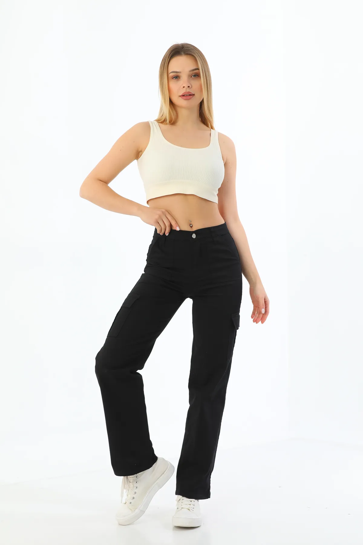 BİKELİFE  Schwarze Lycra-Hose mit hoher Taille und weitem Bein und Cargotaschen