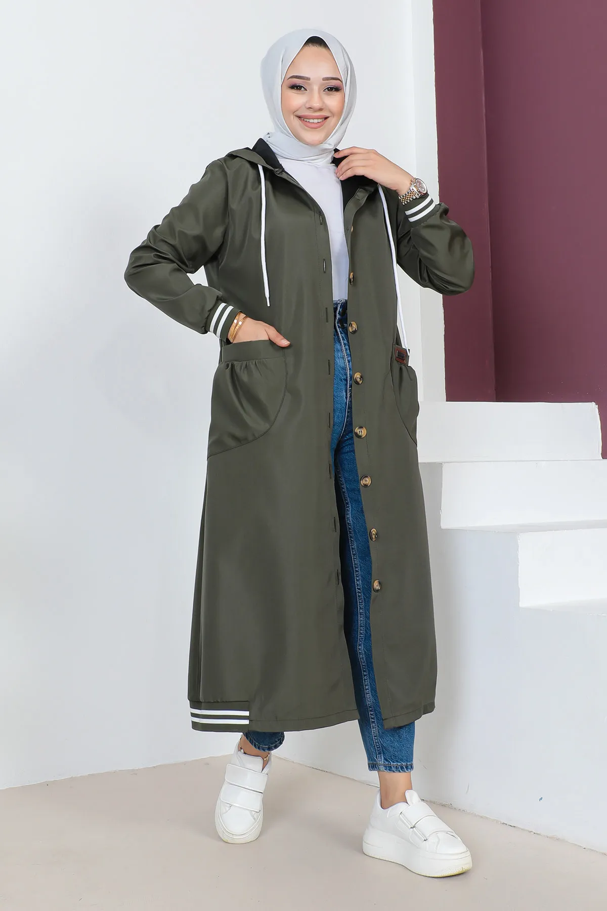 Tesettür Dünyası  Gerippter Trenchcoat TSD230638 Khaki
