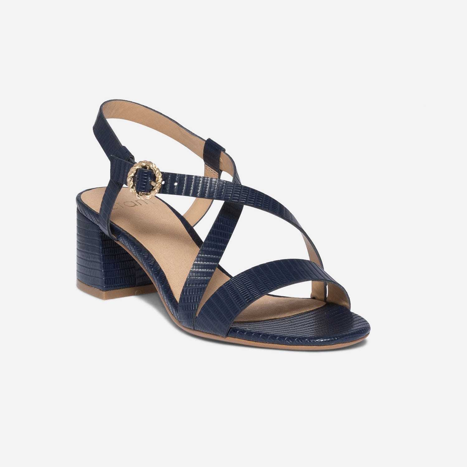 Sandale à talon marine en cuir embossé effet python