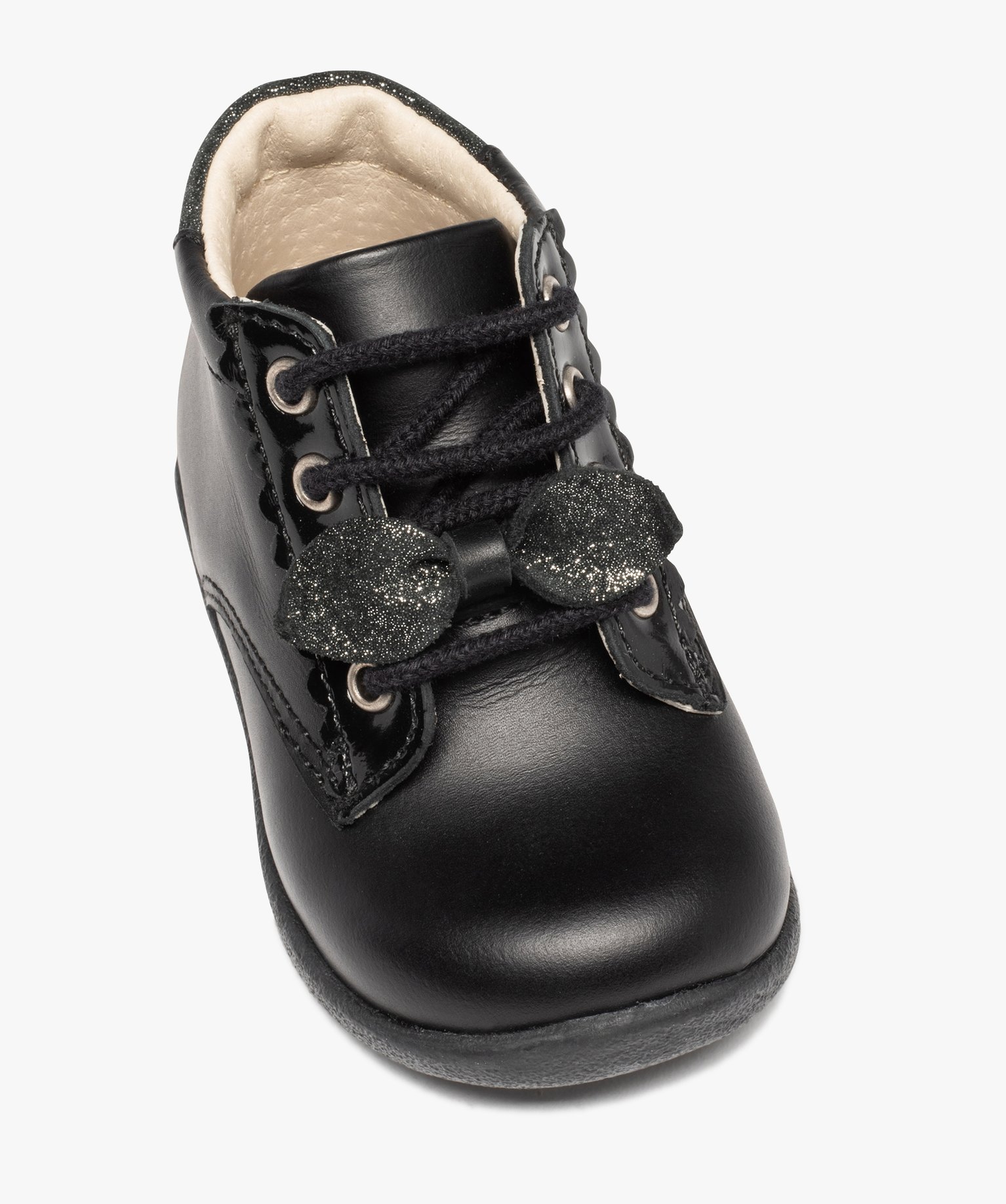 Bottillons premiers pas bébé fille à lacets dessus cuir noir | GEMO