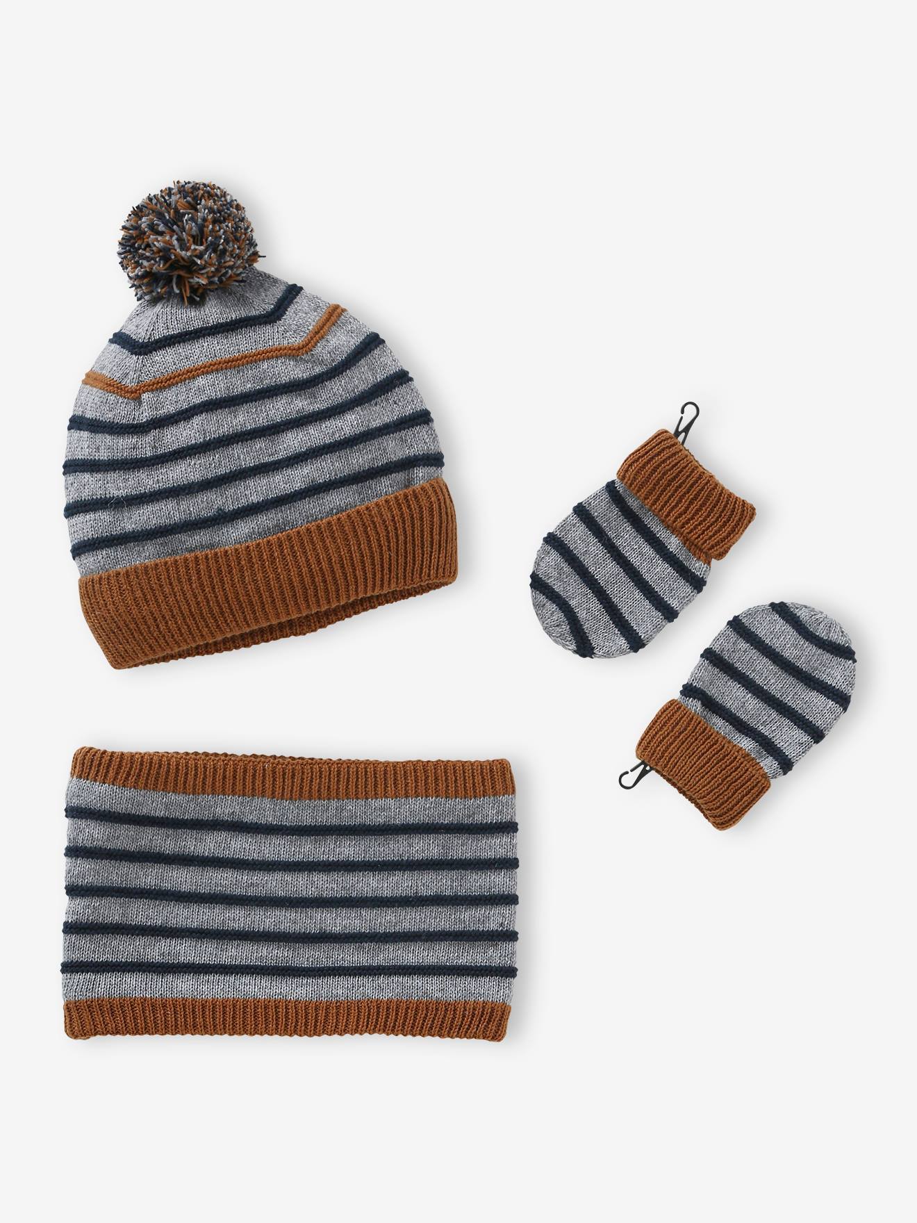 Vertbaudet Jungen Baby-Set: Mütze, Rundschal & Fäustlinge - grau meliert