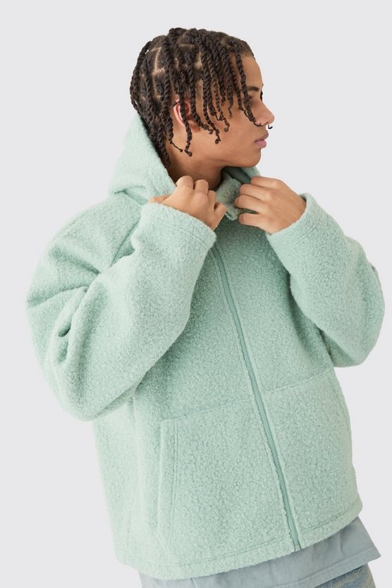 Kastiger Oversize Bouclee Borg-Hoodie mit Reißverschluss