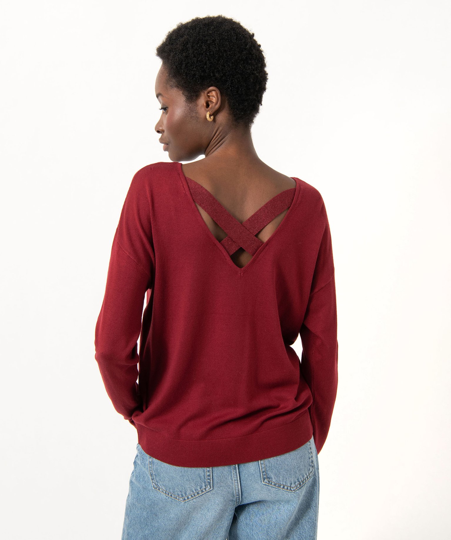 Pull fin à col rond avec dos croisé femme bordeaux | GEMO