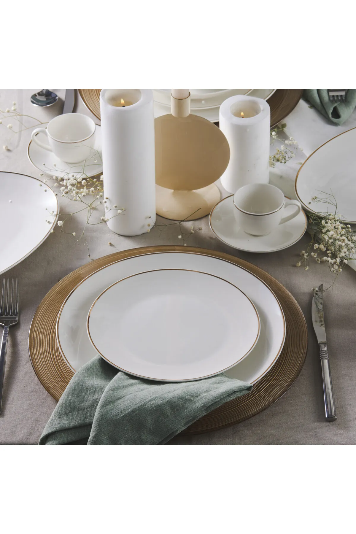 Karaca  Rowan Geschirr-Set Gold, 69-teilig für 12 Personen, New Generation Bone