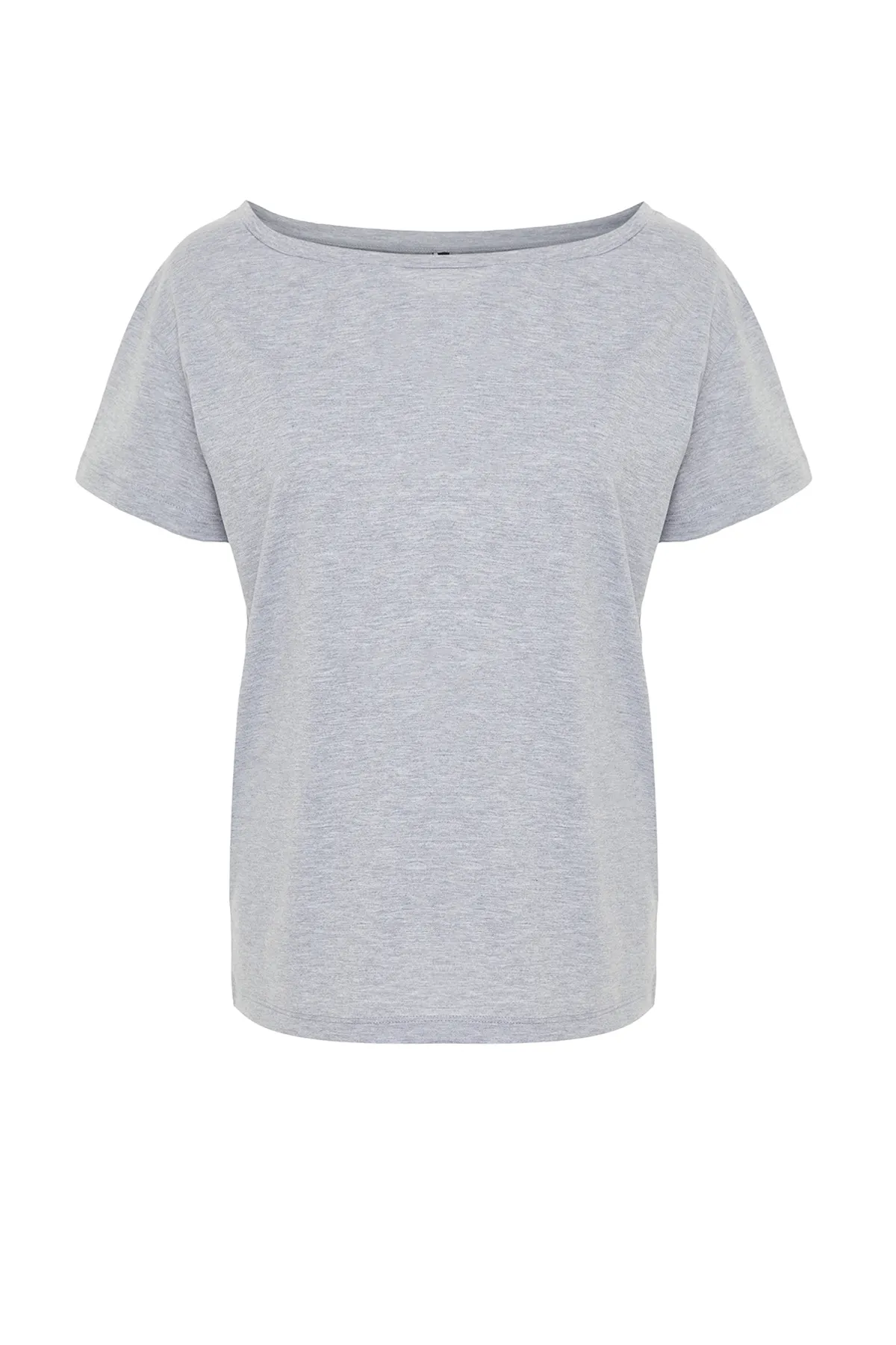 Trendyol Collection  Grau meliertes Boyfriend-Strick-T-Shirt aus Baumwolle mit weitem Schnitt und U-Boot-Ausschnitt TWOSS20TS0140