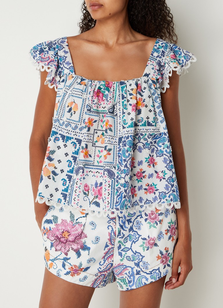 Farm Rio Top with floral print and embroidery