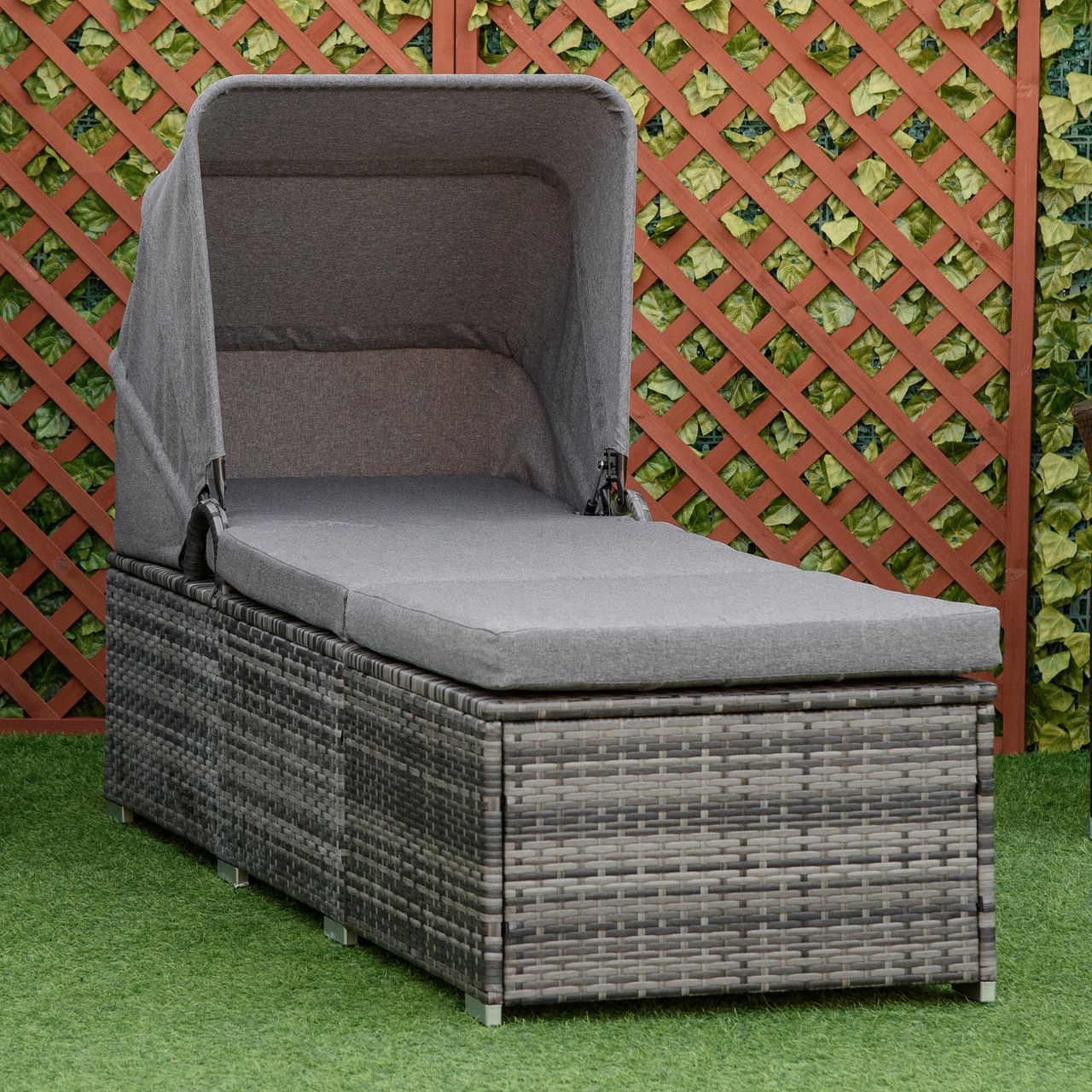 Outsunny Sonnenliege aus Polyrattan mit Sonnendach Gartenliege verstellbar Rattanliege Gartenmöbel Liege mit Kissen Grau 195 x 65 x 40 cm