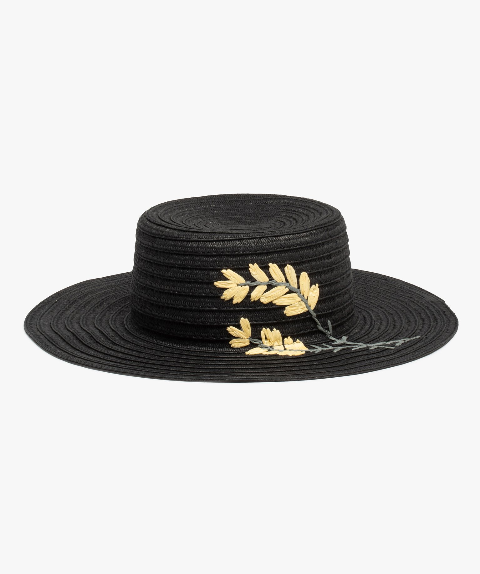 Chapeau femme en paille de papier avec motifs brodés noir | GEMO