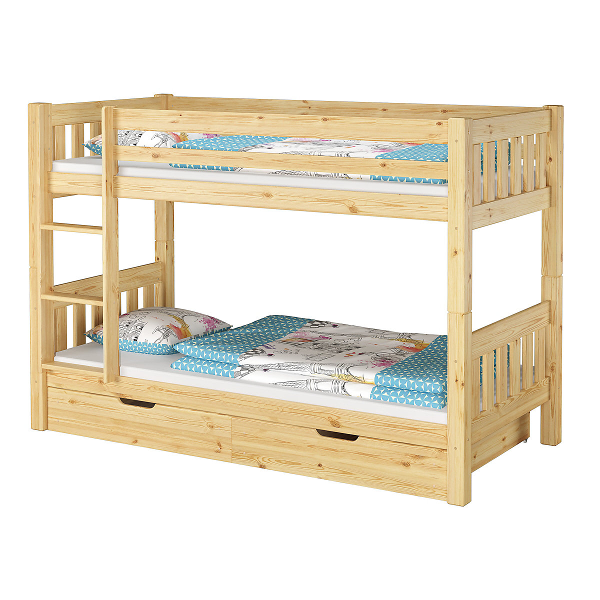 Etagenbett 90x200 Kiefer mit Rollrost, Matratzen und Bettkasten