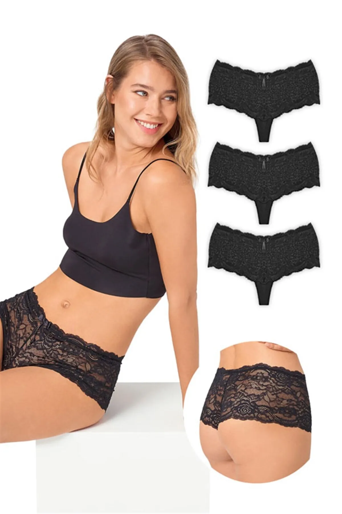 Cottonhill  Transparente Spitzen-Damen-Tanga-Shorts, Höschen, 3er-Pack – 1