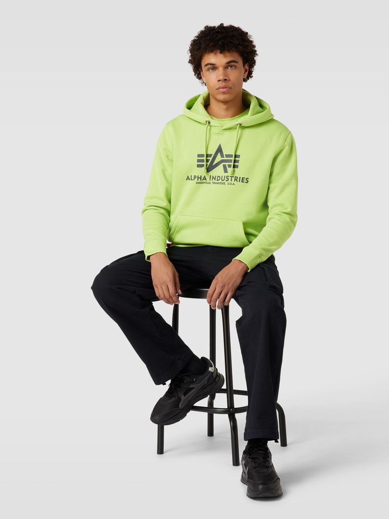 Hoodie mit Label-Print Modell 'BASIC' in neon gelb