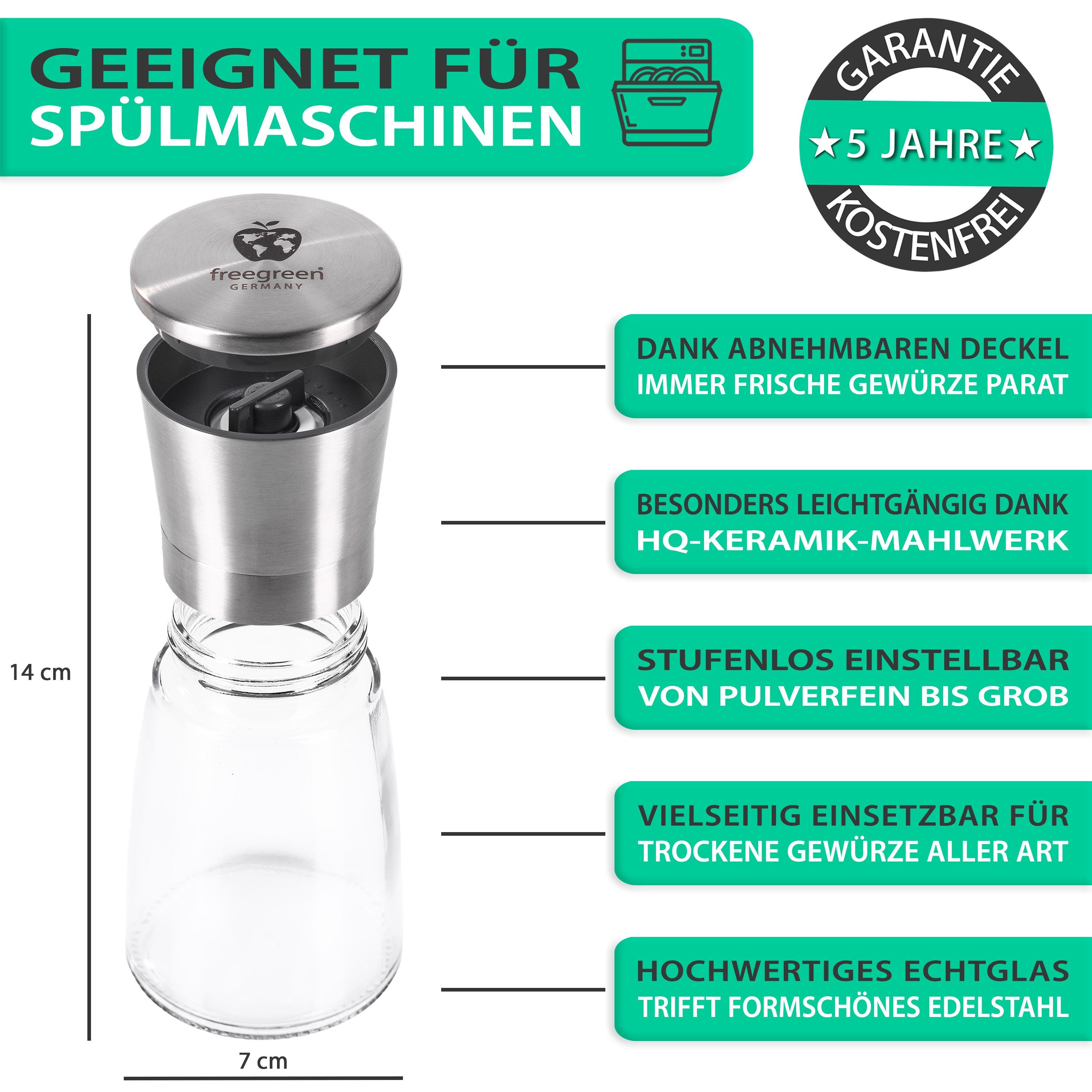 freegreen® Gewürzmühle PREMIUM Salz und Pfeffermühle 14cm 2er Set + Clean Eating Kochbuch Manuell für ein einzigartig gleichmäßiges Mahlergebnis!, mit verstellbarem Keramik-Mahlwerk und Geschenkverpackung