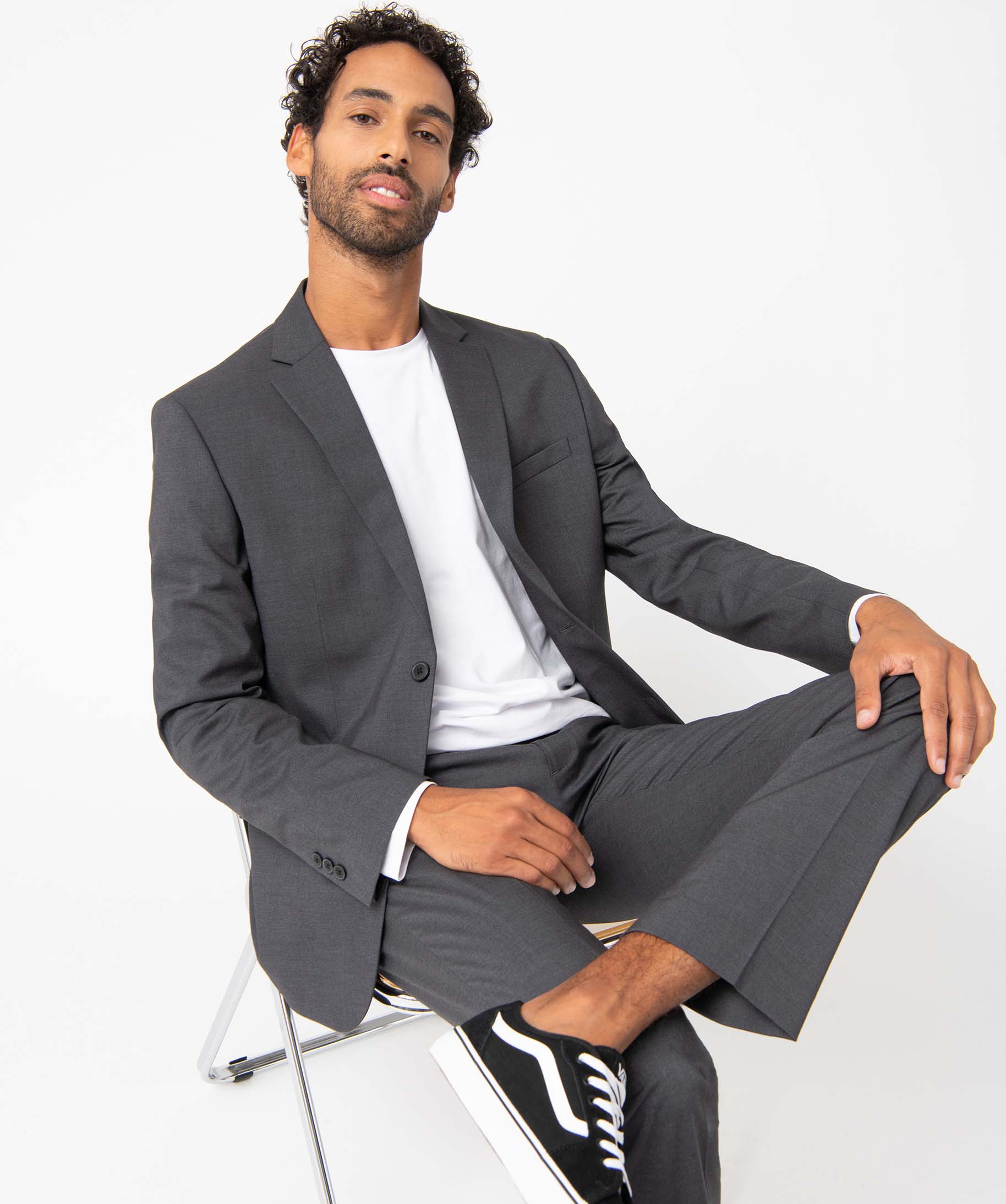Pantalon de costume homme en toile coupe droite gris fonce | GEMO