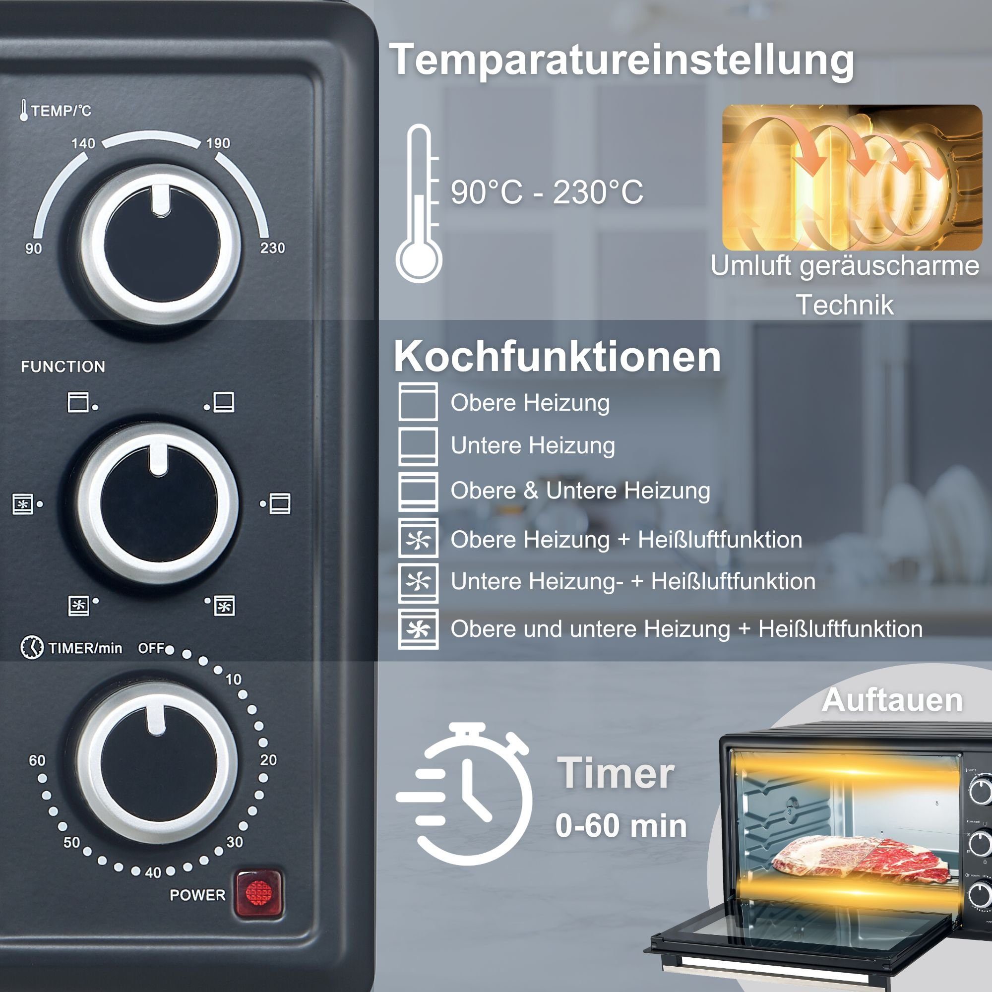 optimumX Minibackofen 20 Liter Klein Minibackofen, Umluft, 1380W, 6 Kochfunktion, 90°-230°C, 60 Min Timer, Pizza-Ofen, 1380 W, Schwarz