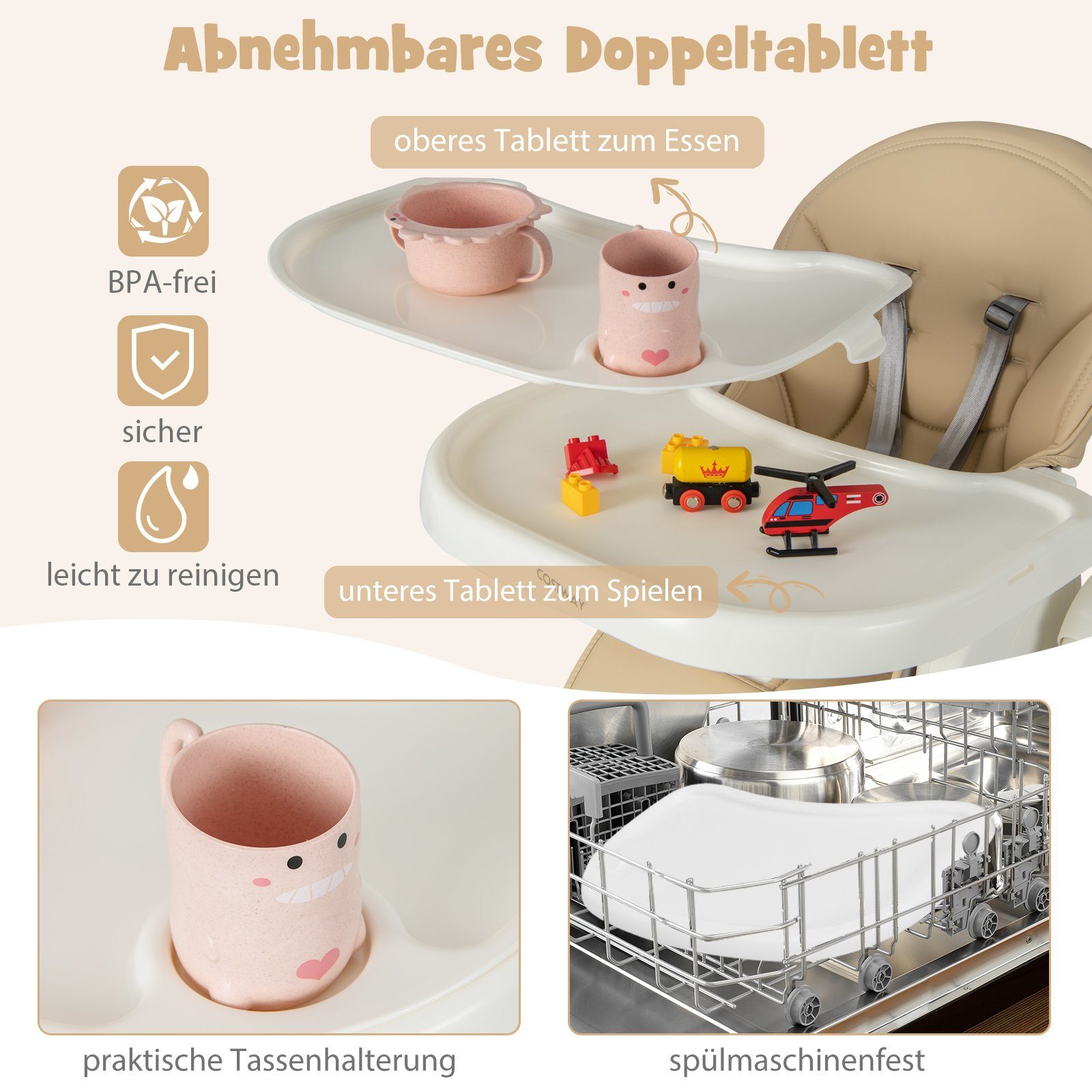 COSTWAY Hochstuhl Babystuhl, klappbar, 7 Höhen und 4-Fach verstellbar