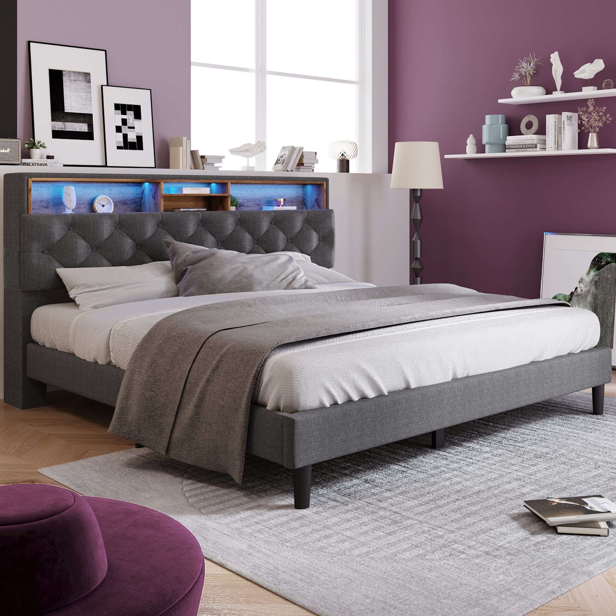 Flieks Polsterbett, LED-Beleuchtung Doppelbett mit Stauraum 140x200cm Leinen