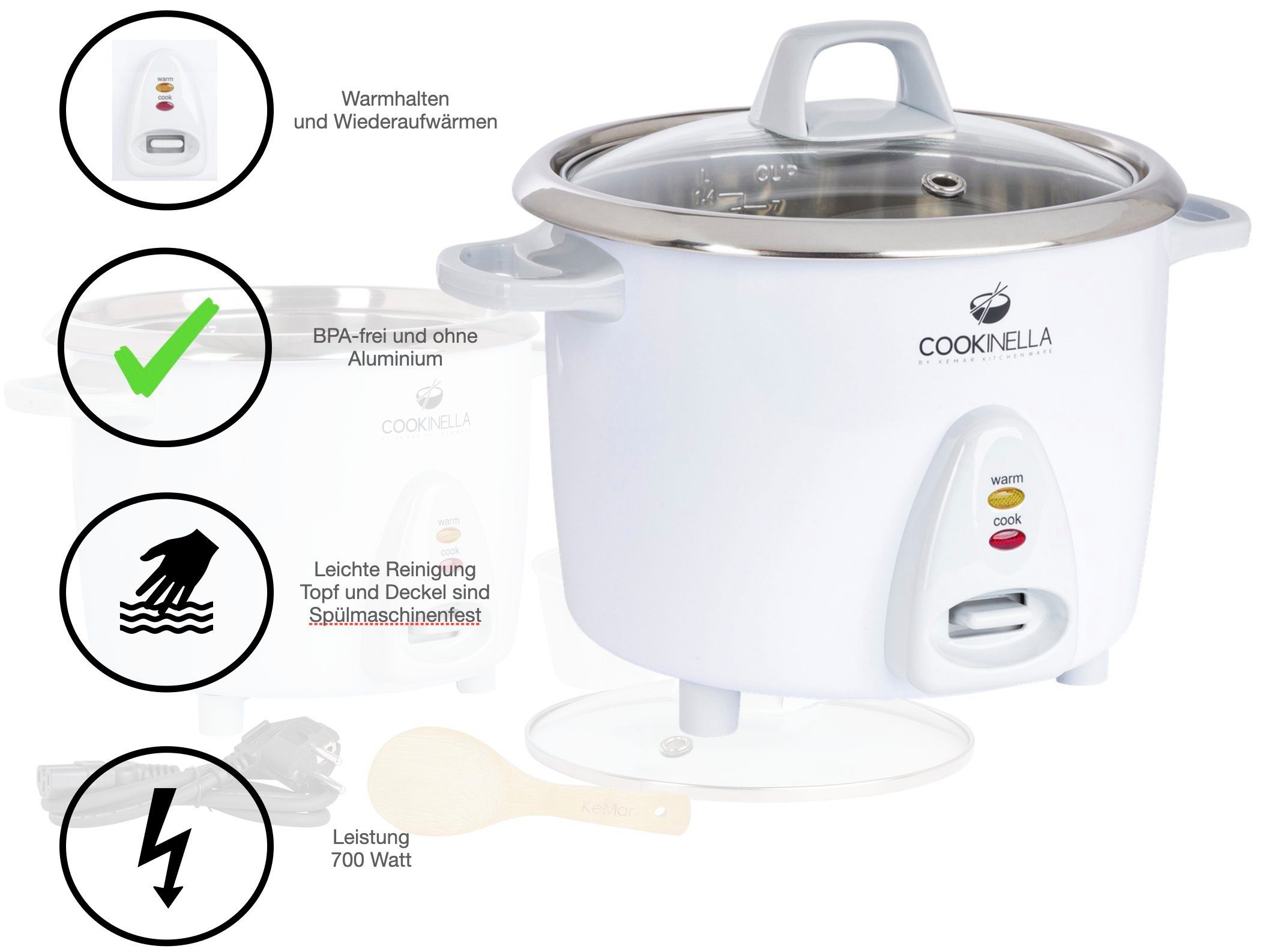 KeMar Kitchenware Reiskocher KRC-300 Cookinella, 700 W, Innentopf aus Edelstahl, Glasdeckel, Bambuslöffel