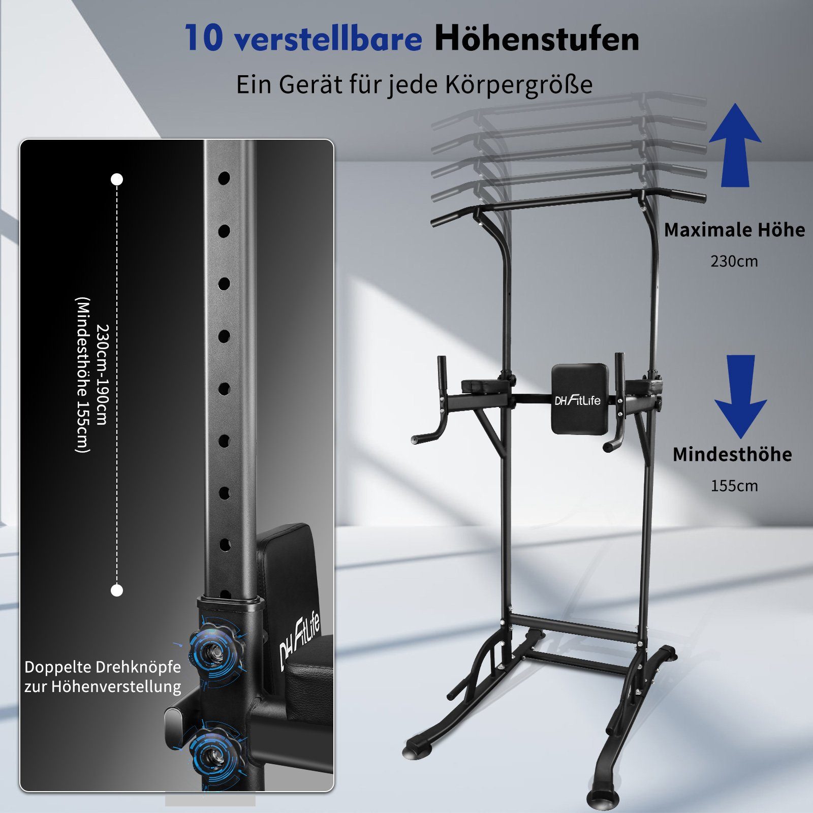 DH FitLife Kraftstation Power Tower Dip Station, (Dip Barren u. Rückentrainer, Sport Geräte mit Klimmzugstange), Kraftstation Kraftturm, Fitness Station, Power Rack for Home Gym