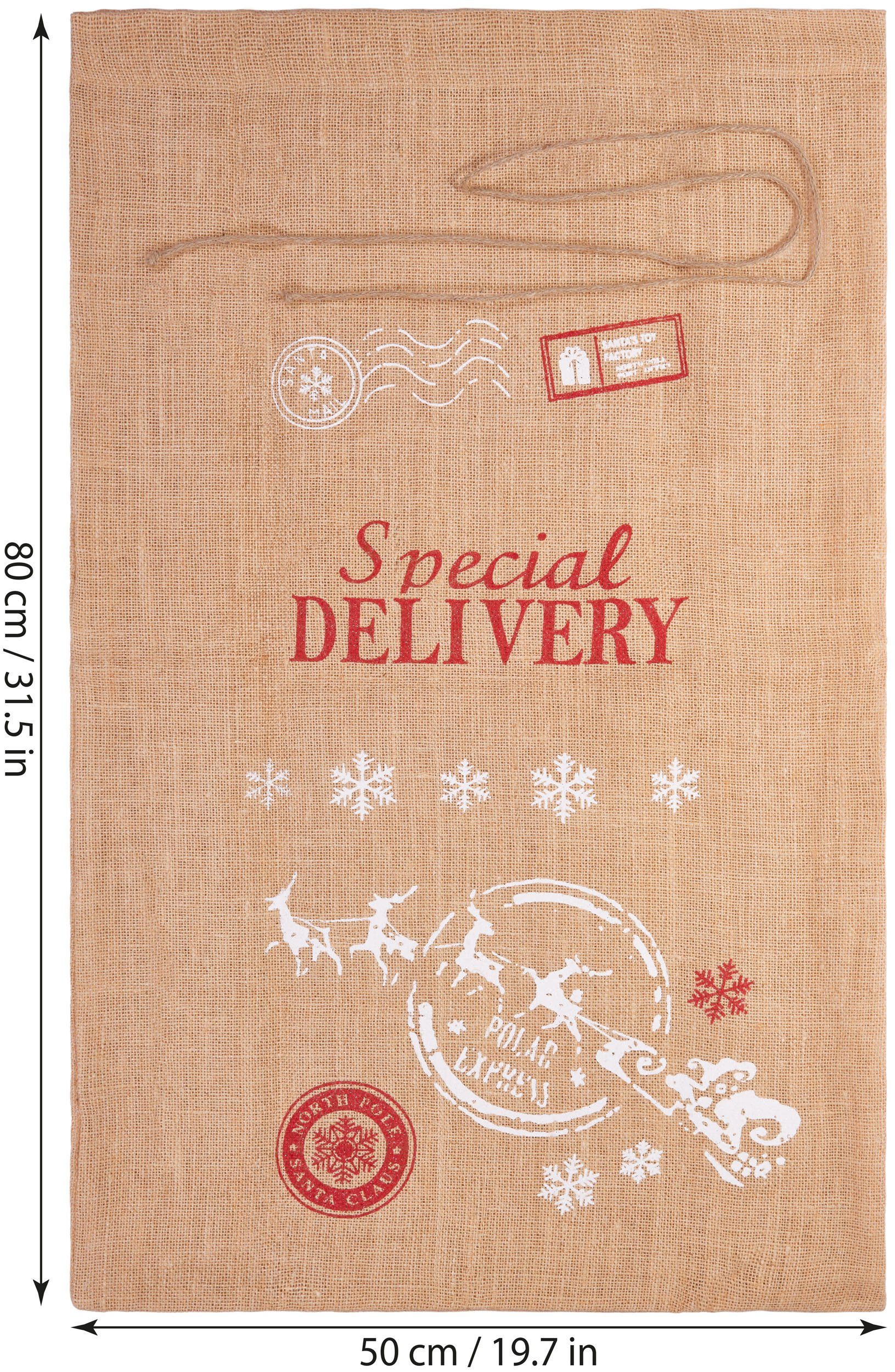 BRUBAKER Aufbewahrungstasche Weihnachtssack Special Delivery Weihnachtsmann mit Schlitten (Jutesack, 1-tlg., Weihnachten), Nikolaussack Jutebeutel Sack mit Kordel zum Verpacken von Geschenken