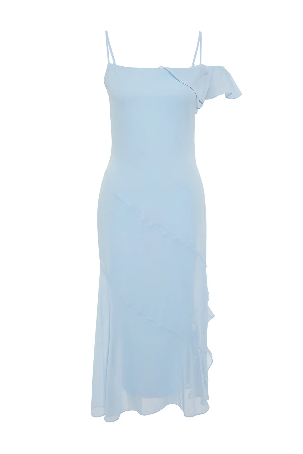 Trendyol Collection  Stilvolles Abendkleid aus hellblauem Chiffon mit Volants TPRSS24EL00076
