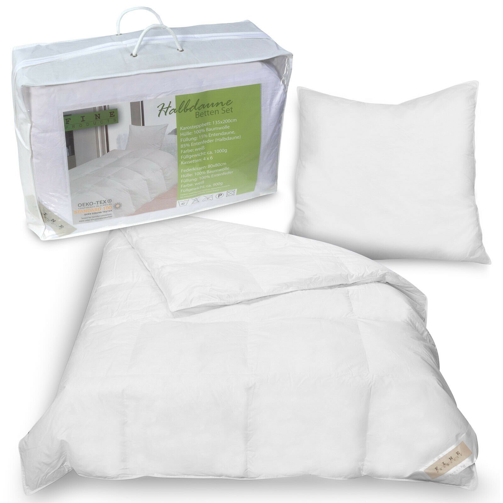 Federbettdecke + Federkissen, Daunenbett Halbdaune Federbett Komplettset 135x200cm + 80x80cm Kissen, Julido, Bezug: Baumwolle