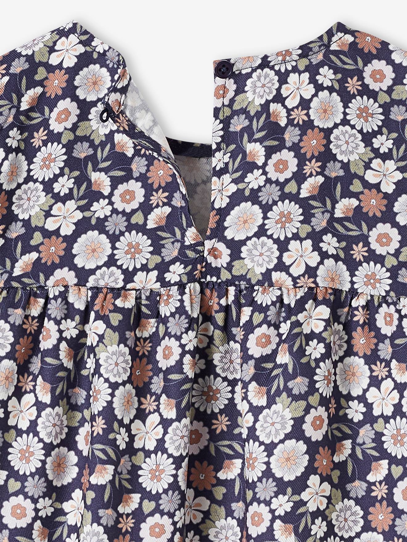 Robe imprimée fleurs manches volantées fille bleu nuit