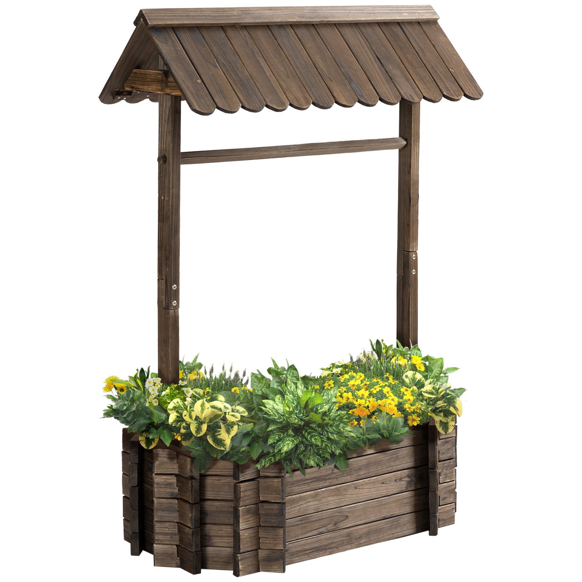 Outsunny Hochbeet Hochbeet, Hochbeet Holzbrunnen mit Dach Blumenkübel Wunschbrunnen Pflanzkasten
