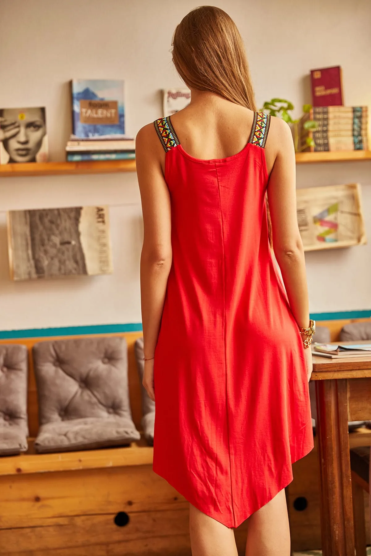 Olalook  Rotes asymmetrisches Ethno-Trägerkleid für Damen ELB-19000612