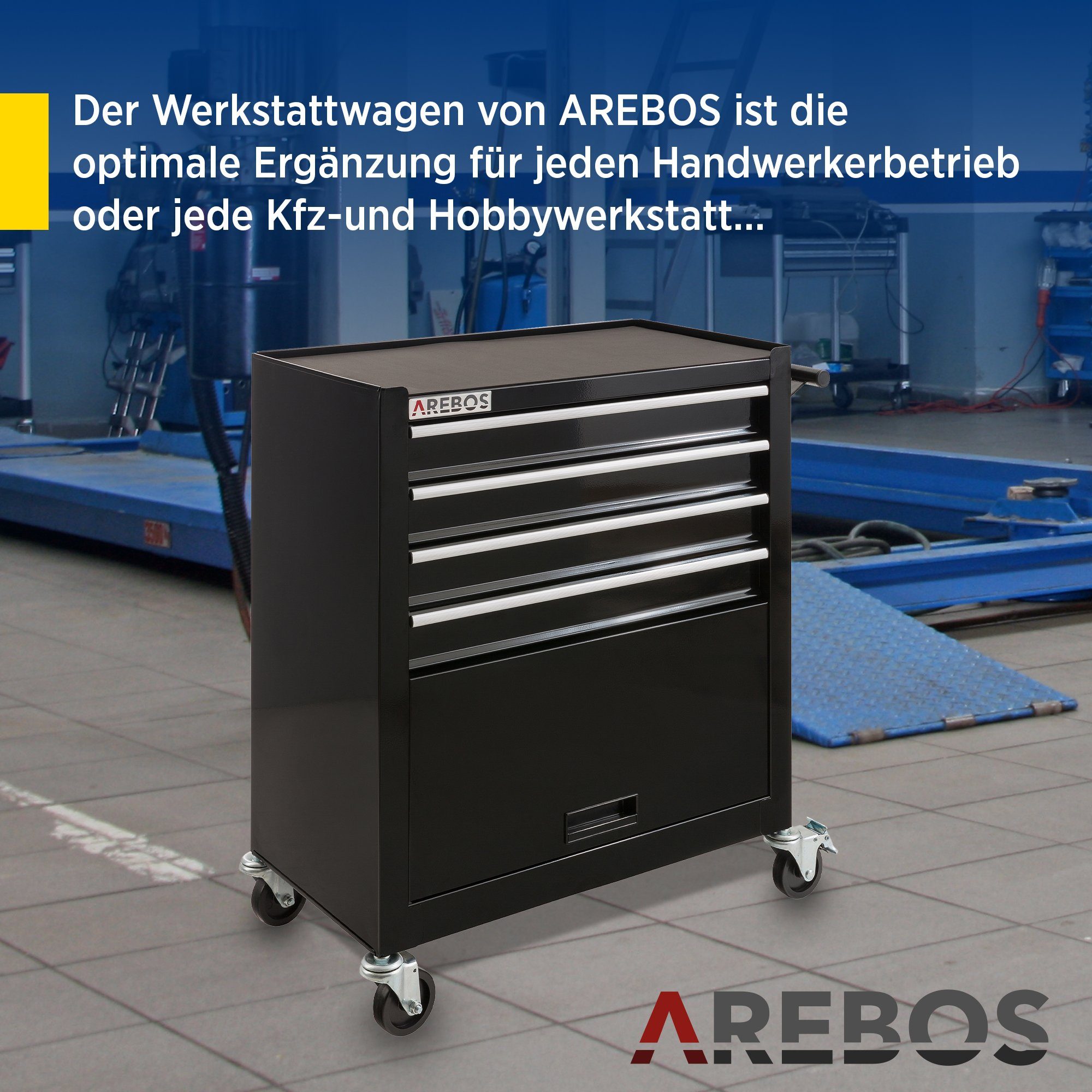 Arebos Werkstattwagen 4 Fächer + großes Fach für Ihr Werkzeug, inkl. Antirutschmatten, schwarz