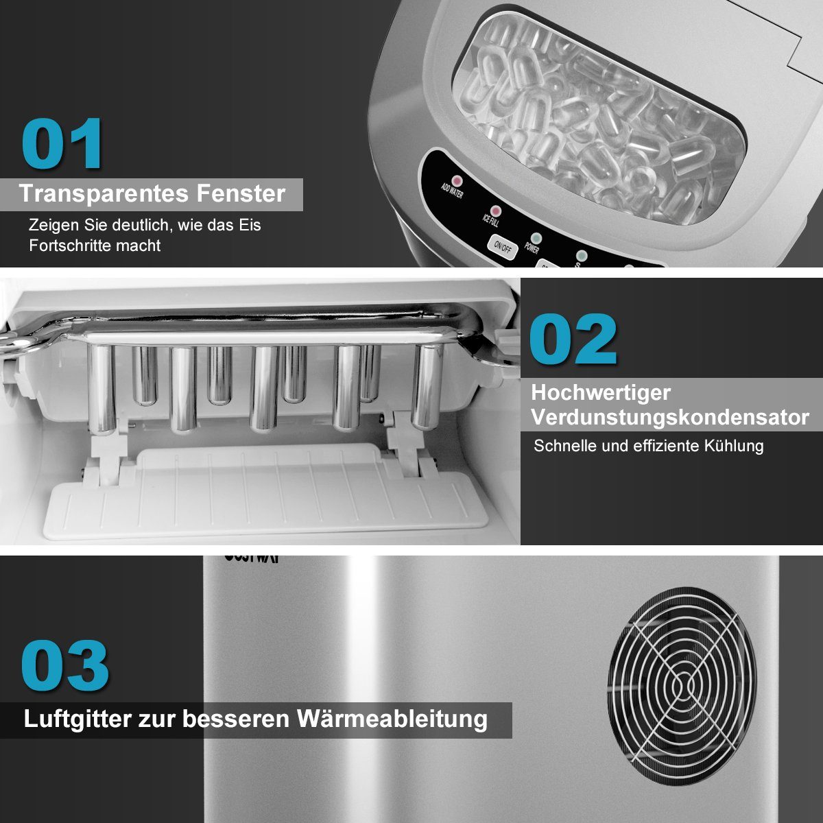 COSTWAY Eiswürfelmaschine, Eiswürfel in 6-13min, 12kg in 24H., 2 Größen