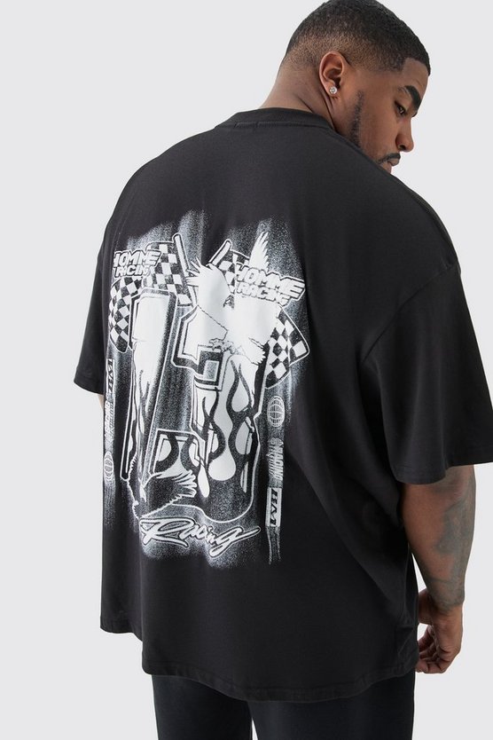 Plus schwarzes Racer T-Shirt mit Print