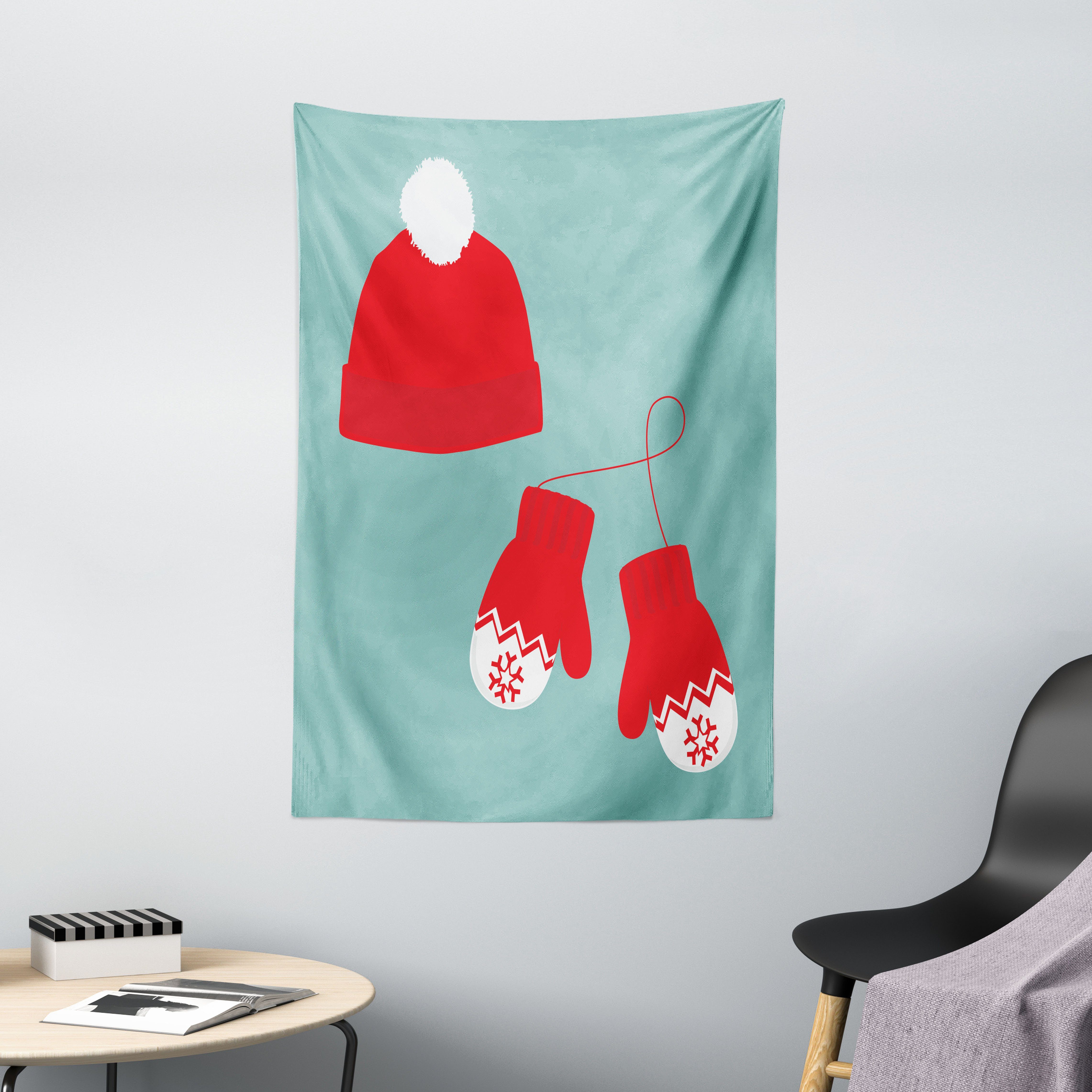 Wandteppich Wohnzimmer Schlafzimmer Wandtuch Seidiges Satin Wandteppich, Abakuhaus, rechteckig, Weihnachten Ein Paar Handschuhe Hut