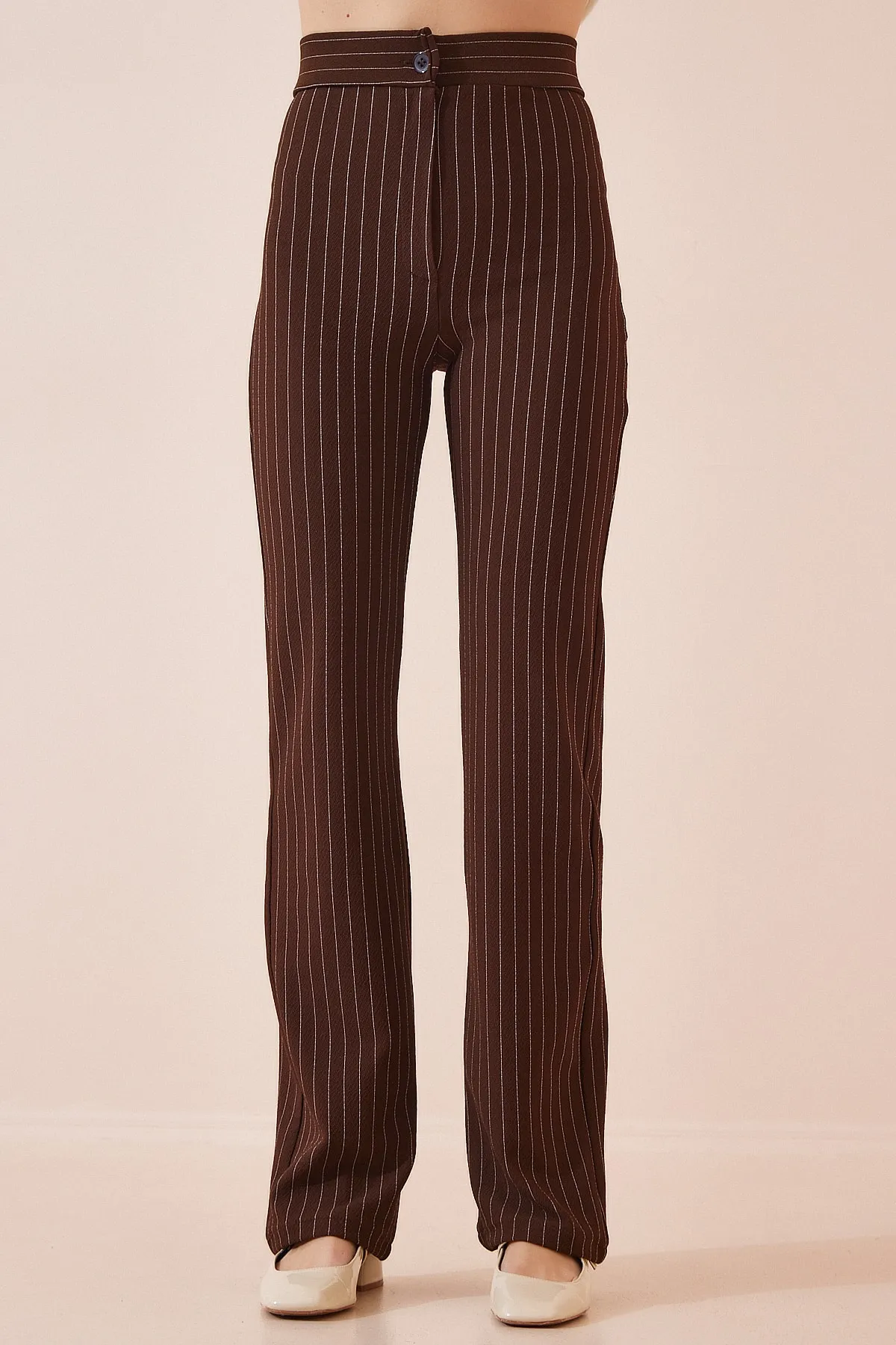 Happiness İstanbul  Braune gestreifte Damenhose mit hoher Taille RV00094