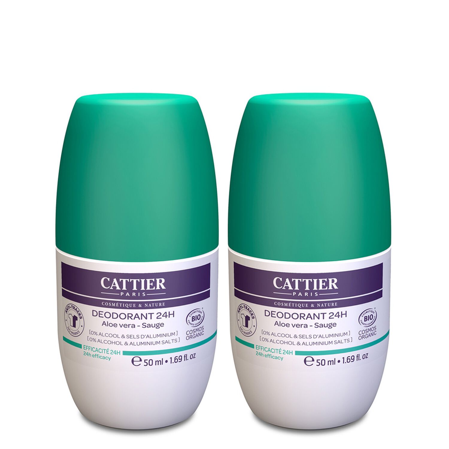 Cattier Aloe Vera - Sauge Lot Déodorant Roll-on 24h Bio 2 x 50 ml