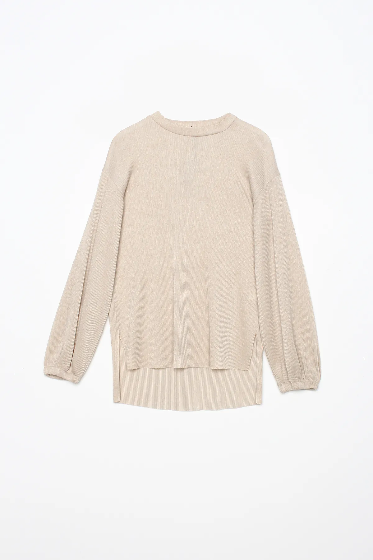 ALLDAY  Steinfarbener Anzug mit plissierter, geschlitzter Bluse und Rock