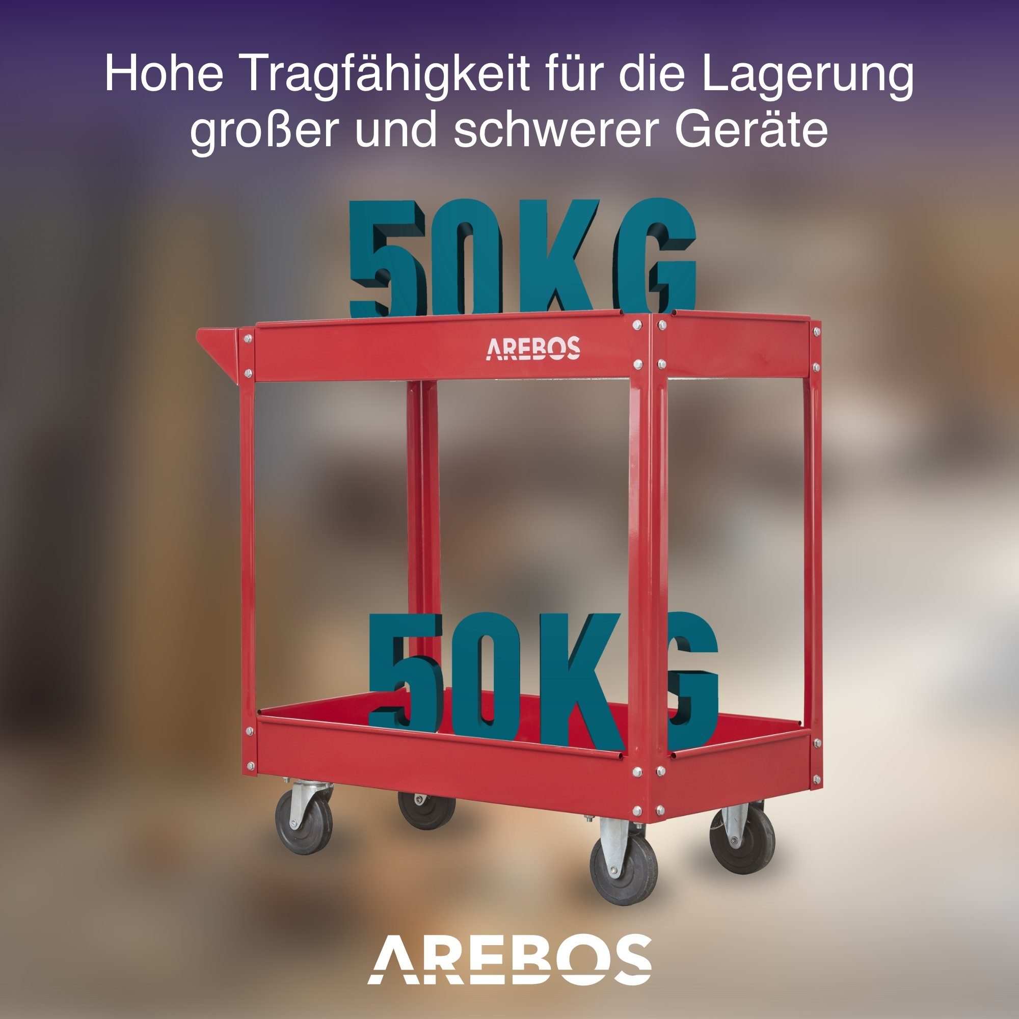 Arebos Werkstattwagen Werkstatt-Rollwagen, Werkzeugwagen, Belastbarkeit bis zu 100 kg, 2 Fächer, max. Traglast:100,00 kg